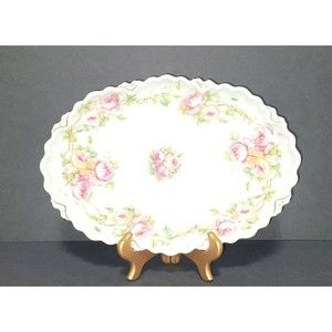 MZ Austria porcelain 12 inch oval antique plate English roses Moritz Zdekauer